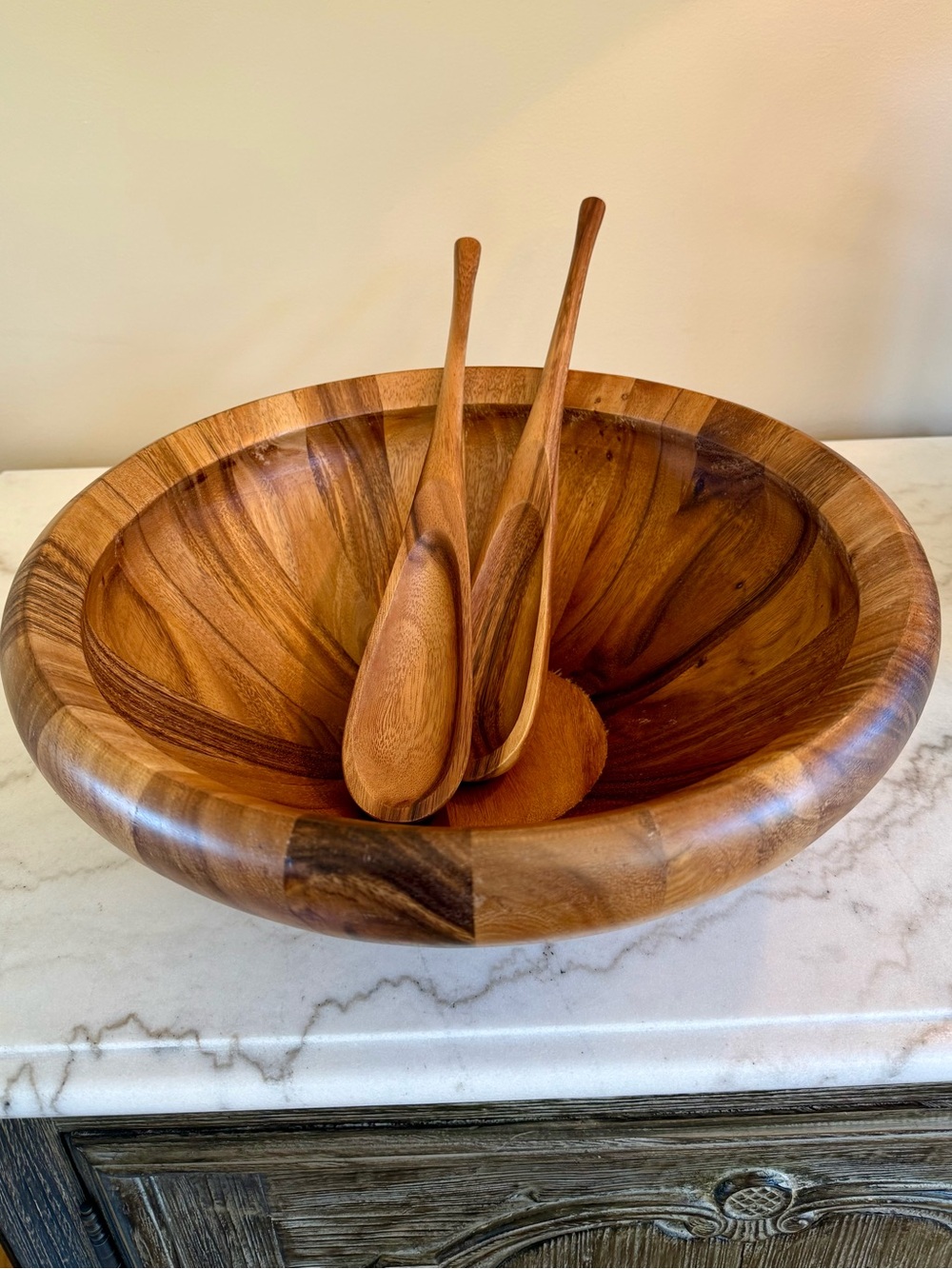 FARM TO TABLE 🔥 DANSK JHQ THAILAND TEAK WOOD 15” 3 PC. SALAD BOWL